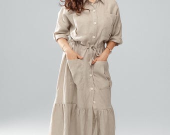 Linen one size maxi shirt dress "Blue Ivy"