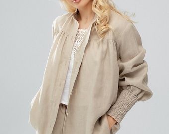 Khaki linen puffed sleeves women blouse “Linea”, linen clothes, linen shirt, puffed sleeves blouse, loose silhouette summer clothes.