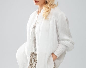White linen puffed sleeves women blouse “Andrea”, linen clothes, linen shirt, puffed sleeves blouse, summer clothes.