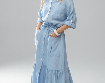 Linen one size maxi shirt dress "Blue Ivy"