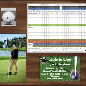 May include: A wooden plaque with a golf scorecard, a photo of a golfer on a green, and a hole-in-one certificate. The certificate is for Jack Harrison, who made a hole-in-one on January 1st, 2024 at Ocean Pines Golf Club on hole 5, 184 yards, using an 8 iron. The witnesses are Steve, Taylor, and Marti.
