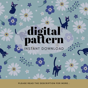 Pode incluir: Um padrão digital sem costura com gatos pretos, margaridas brancas e flores azuis de não-me-esqueças sobre um fundo azul claro. O texto "digital pattern" e "INSTANT DOWNLOAD" é exibido na imagem.