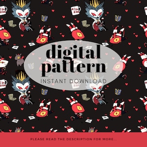 May include: A seamless digital pattern featuring a red and black illustration of a cartoon character with horns and a crown. The character is holding a book and a cup. The background is black with red hearts and other small details.