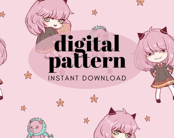 Digital Download Anime Pink Girl Seamless Pattern Design PNG Mug Wrap Wallpaper