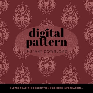May include: A seamless digital pattern featuring a repeating design of stylised hands holding a heart with a snake emerging from the heart. The pattern is in shades of pink and red on a dark red background. The text "digital pattern" and "INSTANT DOWNLOAD" is displayed in a white oval.