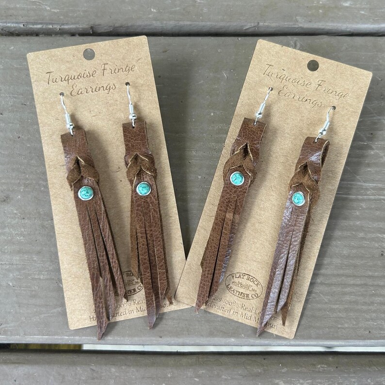 Western Turquoise Fringe Leather Earrings image 5
