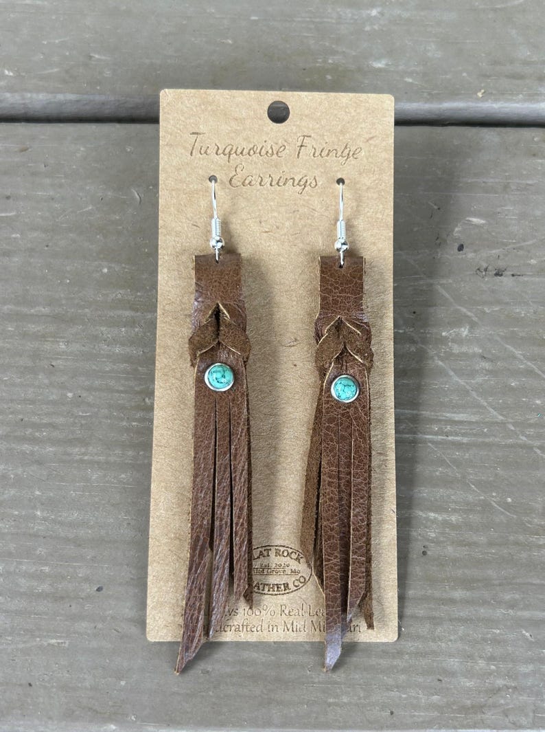 Western Turquoise Fringe Leather Earrings image 4