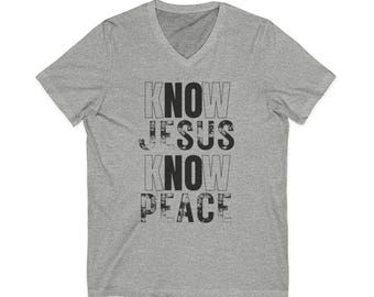 Know Jesus Know Peace_Unisex Jersey Short Sleeve V-Neck Tee