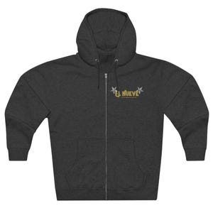 May include: A dark gray zippered hoodie with a gold embroidered logo that says "EL NUEVE" with two silver stars on either side of the text.