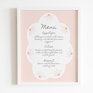 Rosa Blume Menü Hochzeit Brautparty Mädchen Baby Shower Brunch Dinner Digital Editierbare Vorlage Romantische Handgeschriebene Handgezeichnete Pastell DIY