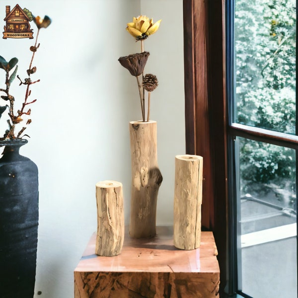 Vase en rondins en bois, vase en bois rustique, vase bohème rustique, vase en bois brut, vases wabi-sabi, vases en bois faits main, vase à fleurs sèches, cadeau de pendaison de crémaillère