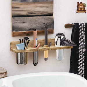Wooden Bathroom Organiser, Wooden Bathroom Shelf, Bathroom Accessories Holder, Hair Dryer Stand, Wooden Functional Decor, Wooden Home Gift image 3