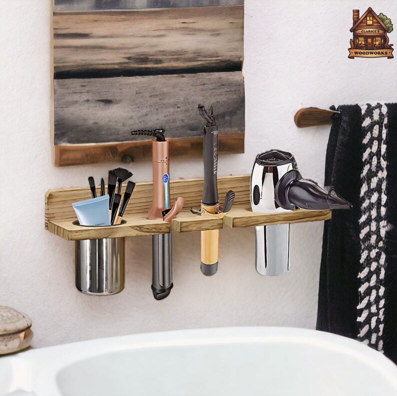 Wooden Bathroom Organiser, Wooden Bathroom Shelf, Bathroom Accessories Holder, Hair Dryer Stand, Wooden Functional Decor, Wooden Home Gift image 3