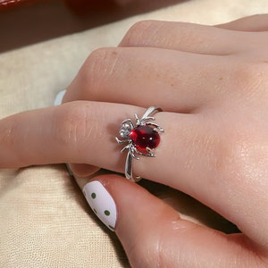 Handmade Silver Ruby Spider Ring, Red Ruby Crystal Adjustable Ring, Gothic Emo Punk Ring, July Birthstone, Dainty Cute Cool Ring, Gift