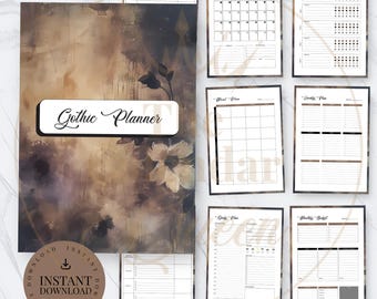 Plantilla imprimible de planificador gótico sin fecha, mensual, semanal, diario y con seguimiento de objetivos (tamaño A4/carta estadounidense) (descarga digital)
