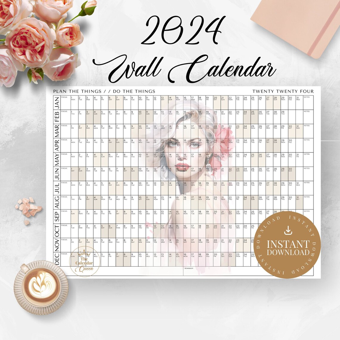 Watercolour Fashion 2024 Printable Wall Calendar Template INSTANT
