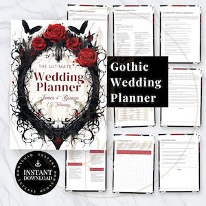 May include: A gothic wedding planner with a black and white floral design featuring red roses and black bats. The planner includes sections for planning the wedding, creating a guest list, and setting a budget. The text "The Ultimate Wedding Planner" is featured in the center of the image.