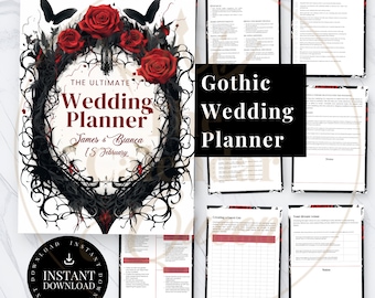 May include: A gothic wedding planner with a black and white floral design featuring red roses and black bats. The planner includes sections for planning the wedding, creating a guest list, and setting a budget. The text "The Ultimate Wedding Planner" is featured in the center of the image.