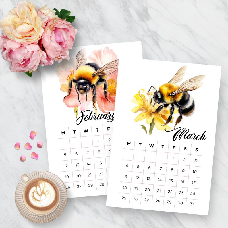Watercolour Bees 2024 Printable Calendar Template INSTANT Etsy UK