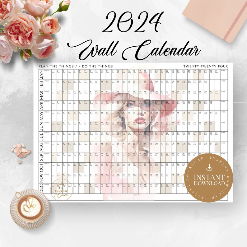 Watercolour Fashion 2024 Printable Wall Calendar Template INSTANT