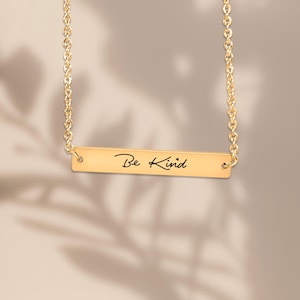Be Kind Bar Necklace: Engraved Stainless Steel, Gold Plated
