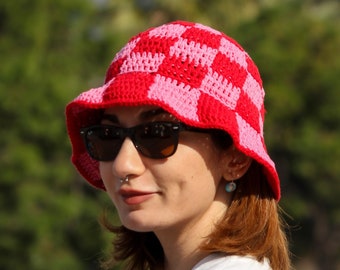 Crochet Bucket Hat, Checkered Summer Hats for Woman, Cute Crochet Sun Hat, Pink Bucket Beanie, Sweet Little Gift for Her, Summer Gift