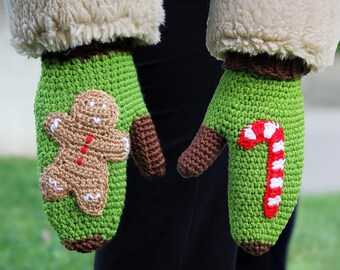 Handmade Christmas Crochet Mittens: Candy Cane & Teddy Bear Gloves