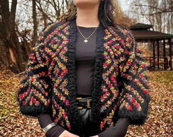 Hand Knit Oversized Mohair Cardigan: Multicolor Crochet Sweater