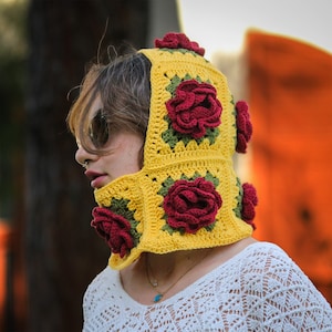 Crochet Rose Balaclava, Yellow Balaclava, Floral Unisex Balaclava, Winter Warm Hat, Hand-Knit Balaclava, Red Rose Balaclava, Gift for Her