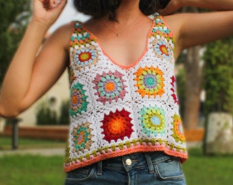 Crochet V-neck Sweater Vest, Knitted Crochet Top, Sleeveless Women Sweater, Handmade Granny Top, Boho Crochet Sweater, Cute Patchwork Vest