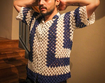 Hand Knitted Crochet Granny Stitch Shirt: Unisex Summer Beach Top