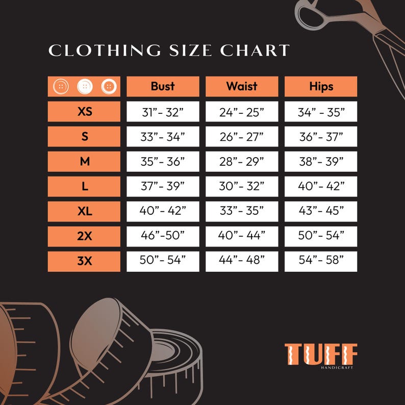 May include: Clothing size chart with measurements in inches for bust, waist, and hips. Sizes include XS, S, M, L, XL, 2X, and 3X.