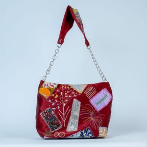 Original Artwork One-Off Upcycled Patchwork Shoulder Bag — Inspired by Japanese Boro Art, Burgundy Satin Bag, Adjustable Chain, Unique Gift