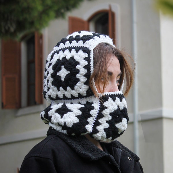 Black and White Balaclava, Crochet Winter Hat, Granny Square Hood, Stylish Ski Balaclava, Ski Mask, Hand Knitted Beaines
