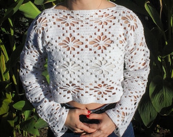 Handmade White Crochet Mesh Crop Top, Long Sleeve Rave Blouse