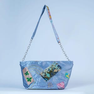 Exclusive Artisan Upcycled Shoulder Bag — Boro Inspired, Blue Satin, Adjustable Chain Strap, One-of-a-Kind Ethnic Patchwork Gift