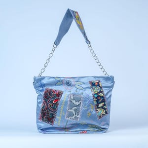 Upcycled Patchwork Shoulder Bag Inspired by Japanese Boro — Blue Satin Bag, Adjustable Chain Strap, One-of-a-Kind Ethnic Patchwork Gift,