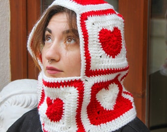 Cagoule coeur rouge, cagoule tricotée, cagoule masque de ski, capuche Love au crochet pour femme, cadeau Saint-Valentin, chapeau d'hiver, cadeau pour elle