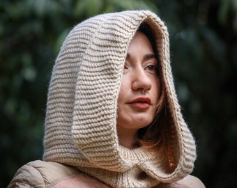 Beige Crochet Hoodie Balaclava, Knitted Turtleneck Hood, Handmade Hooded Neck Collar, Multi-use Hood Beanie, Gıft for Her