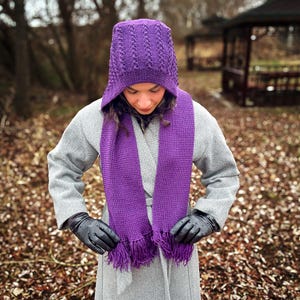 Bufanda con capucha de crochet, bufanda larga morada con cuello vuelto, bufanda tejida a crochet, calentador de cuello con capucha de punto, bufanda acogedora, regalo de San Valentín hecho a mano