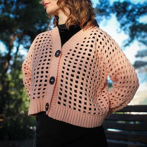 Handmade Soft Pink Mesh Cardigan, Vintage-Style Buttoned Crochet Sweater, Lightweight Cozy Cardigan with Chunky Buttons, Gift for Her