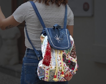 Handgemaakte denim patchwork-rugzak: Japanese Boro Art, boho-tas