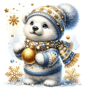 24 PNG Clipart de oso polar de acuarela, Clipart de Navidad de acuarela, Fondo de Navidad, Clipart de invierno, Imprimible de Navidad