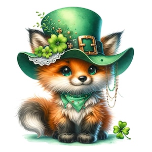 18 JPG Aquarelle renard de la Saint-Patrick, Aquarelle animal, Animal de la forêt, Impression de la Saint-Patrick, Loisirs créatifs pour la Saint-Patrick