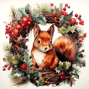 17 JPG Weihnachtskranz, Aquarell Tiere, Aquarell Weihnachtscliparts, Aquarelldruck, Winter Clipart, Weihnachtseinladung