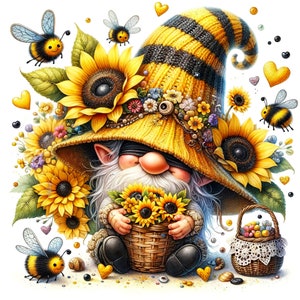 29 JPG Aquarelle tournesol, nain de jardin, nain de printemps, nain d'été, clipart elfe, clipart printemps, clipart fantastique
