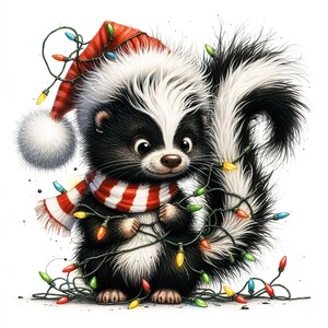 12 JPG Acquerello Natale quirky skunk clipart, Acquerello Natale clipart, Sfondo di Natale, Clipart invernale, Natale stampabile