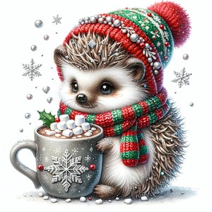 18 JPG Clipart riccio acquerello, clipart animale, clipart natalizio acquerello, sfondo natalizio, clipart invernale, Natale stampabile