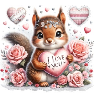 28 JPG Clipart di San Valentino animale acquerello, clipart scoiattolo carino, clipart primaverile, clipart di San Valentino, animale del bosco, San Valentino stampabile