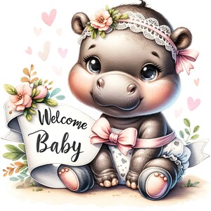 16 JPG Akwarela dziecko hipopotam clipart, Witaj dziecko, Małe zwierzęta clipart, Clipart leśne zwierzęta, Ogłoszenie o narodzinach, Zaproszenie na baby shower